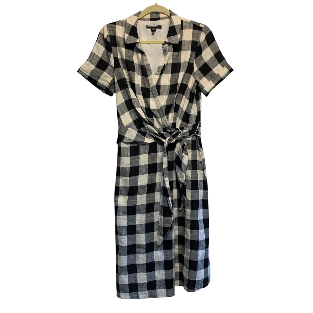 Maggy London faux Wrap Midi Dress Size 10 Black White Buffalo Check Cotton chic